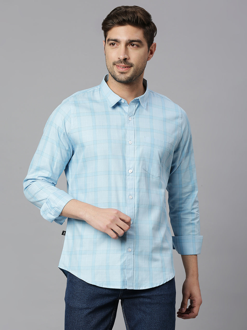 Thomas Scott Men Light Blue Cricket Club Collection Slim Fit Long Sleeves Spread Collar Grid Tattersall Checks 100% Cotton Casual Shirt
