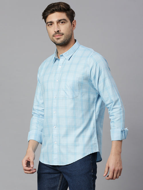 Thomas Scott Men Light Blue Cricket Club Collection Slim Fit Long Sleeves Spread Collar Grid Tattersall Checks 100% Cotton Casual Shirt
