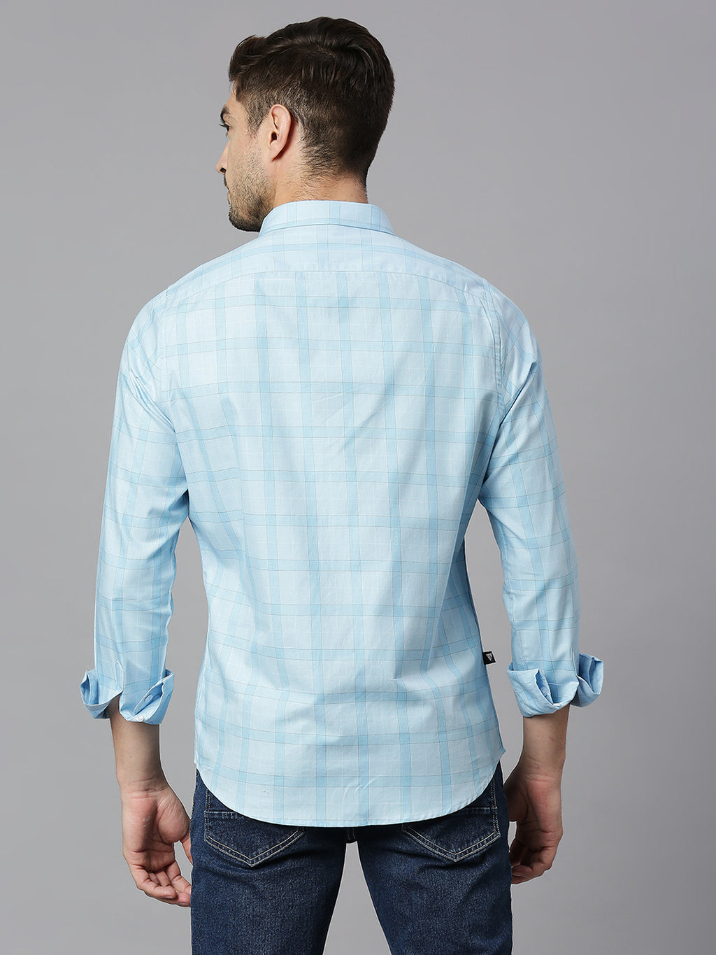 Thomas Scott Men Light Blue Cricket Club Collection Slim Fit Long Sleeves Spread Collar Grid Tattersall Checks 100% Cotton Casual Shirt