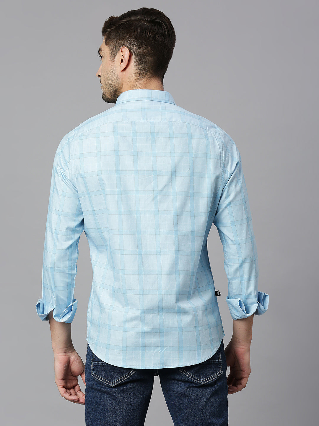 Thomas Scott Men Light Blue Cricket Club Collection Slim Fit Long Sleeves Spread Collar Grid Tattersall Checks 100% Cotton Casual Shirt