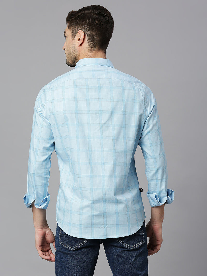 Thomas Scott Men Light Blue Cricket Club Collection Slim Fit Long Sleeves Spread Collar Grid Tattersall Checks 100% Cotton Casual Shirt