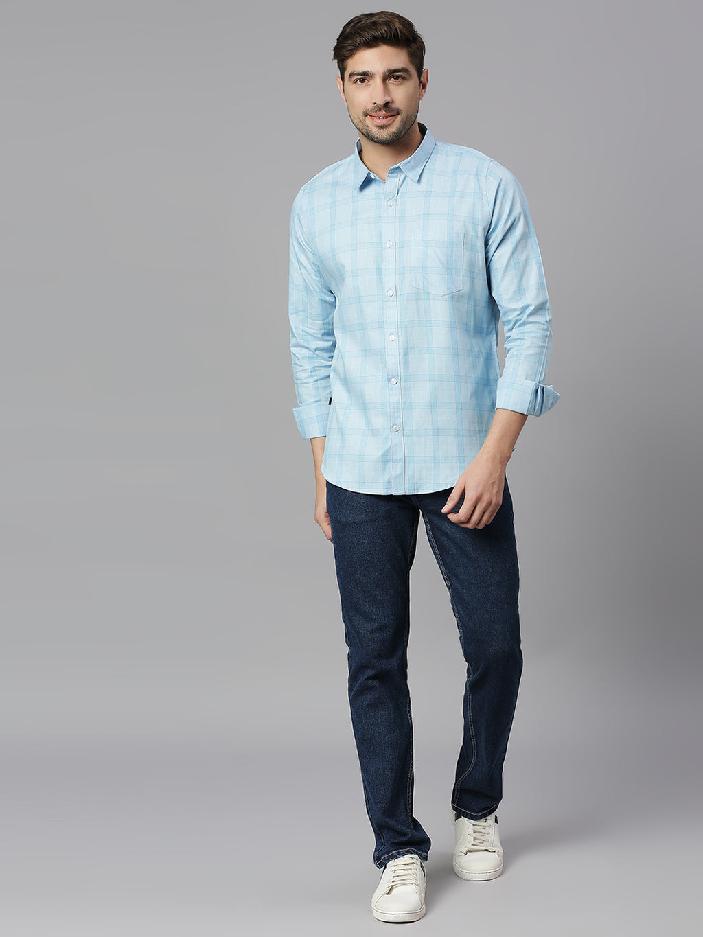 Thomas Scott Men Light Blue Cricket Club Collection Slim Fit Long Sleeves Spread Collar Grid Tattersall Checks 100% Cotton Casual Shirt