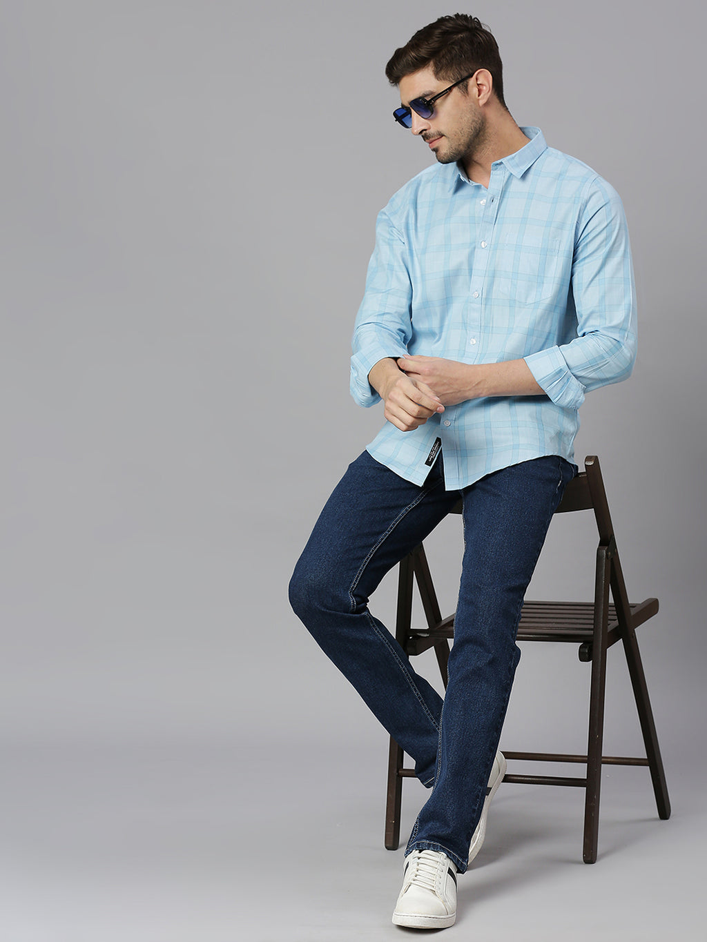 Thomas Scott Men Light Blue Cricket Club Collection Slim Fit Long Sleeves Spread Collar Grid Tattersall Checks 100% Cotton Casual Shirt