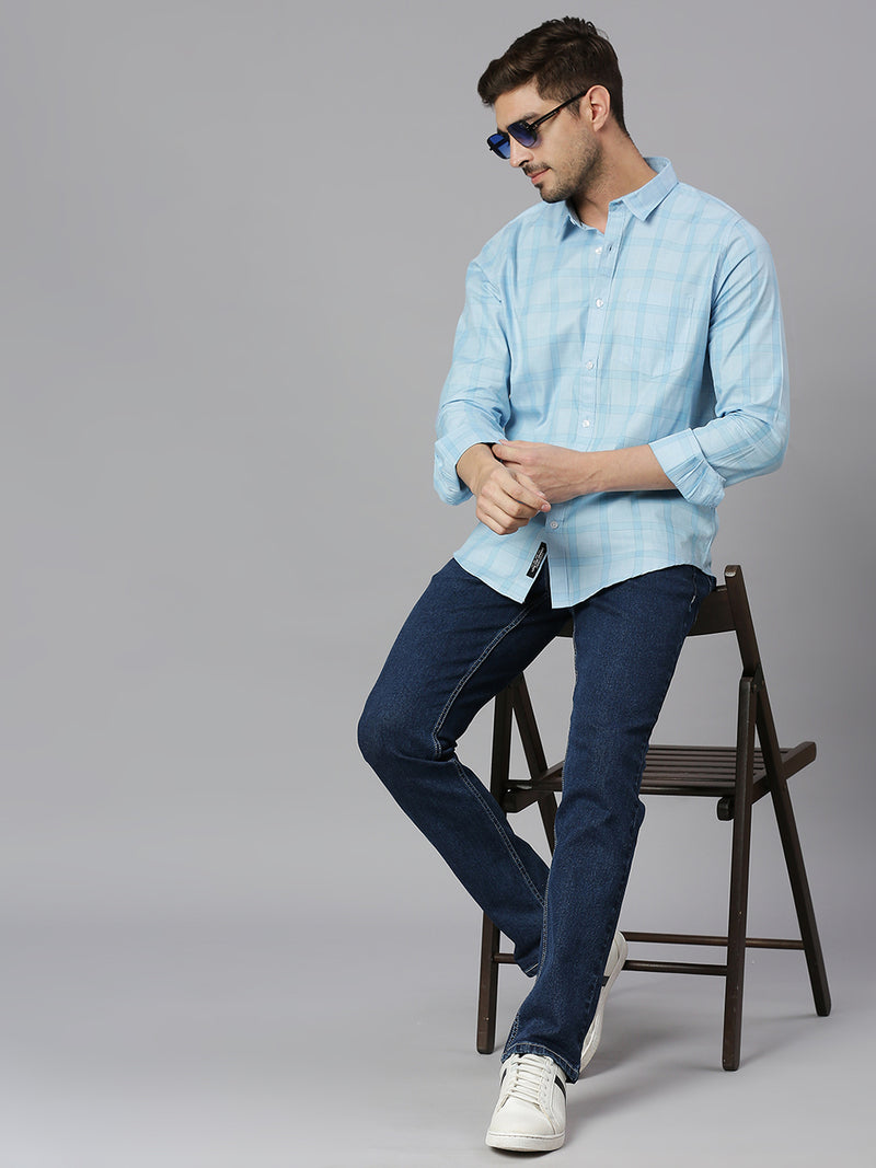 Thomas Scott Men Light Blue Cricket Club Collection Slim Fit Long Sleeves Spread Collar Grid Tattersall Checks 100% Cotton Casual Shirt