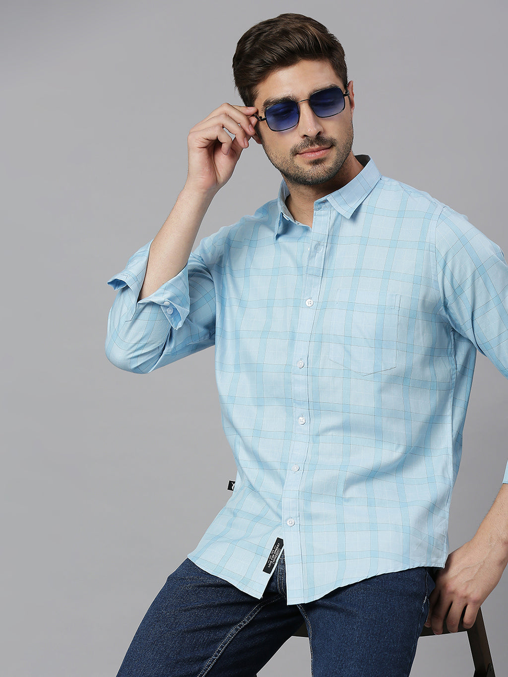 Thomas Scott Men Light Blue Cricket Club Collection Slim Fit Long Sleeves Spread Collar Grid Tattersall Checks 100% Cotton Casual Shirt