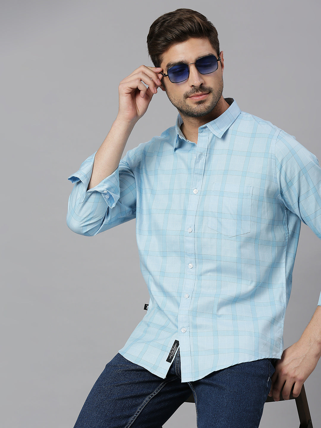 Thomas Scott Men Light Blue Cricket Club Collection Slim Fit Long Sleeves Spread Collar Grid Tattersall Checks 100% Cotton Casual Shirt