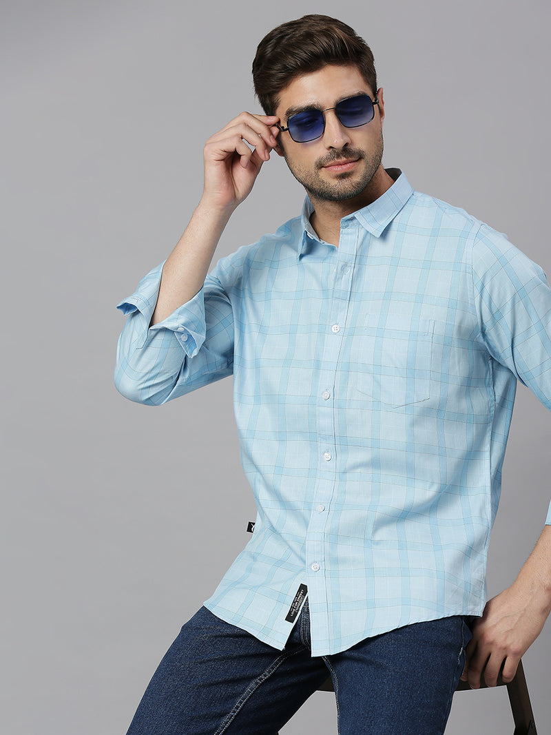 Thomas Scott Men Light Blue Cricket Club Collection Slim Fit Long Sleeves Spread Collar Grid Tattersall Checks 100% Cotton Casual Shirt