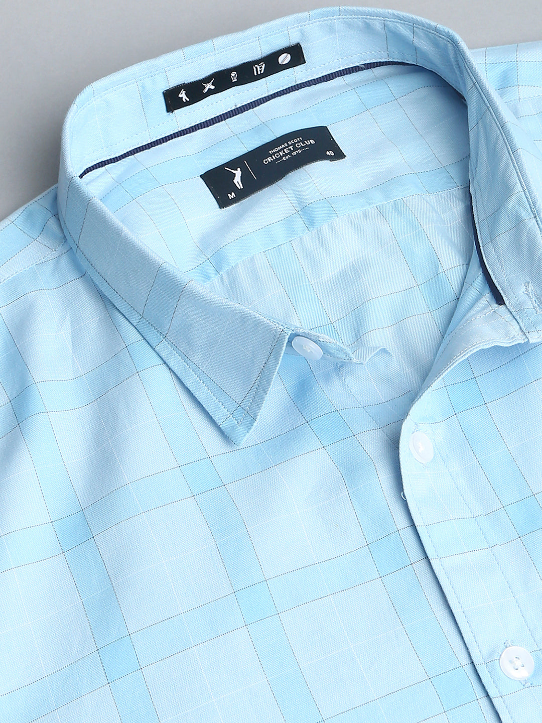 Thomas Scott Men Light Blue Cricket Club Collection Slim Fit Long Sleeves Spread Collar Grid Tattersall Checks 100% Cotton Casual Shirt