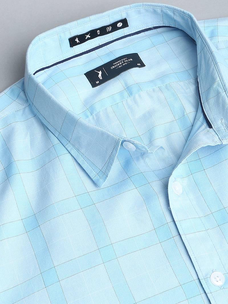 Thomas Scott Men Light Blue Cricket Club Collection Slim Fit Long Sleeves Spread Collar Grid Tattersall Checks 100% Cotton Casual Shirt