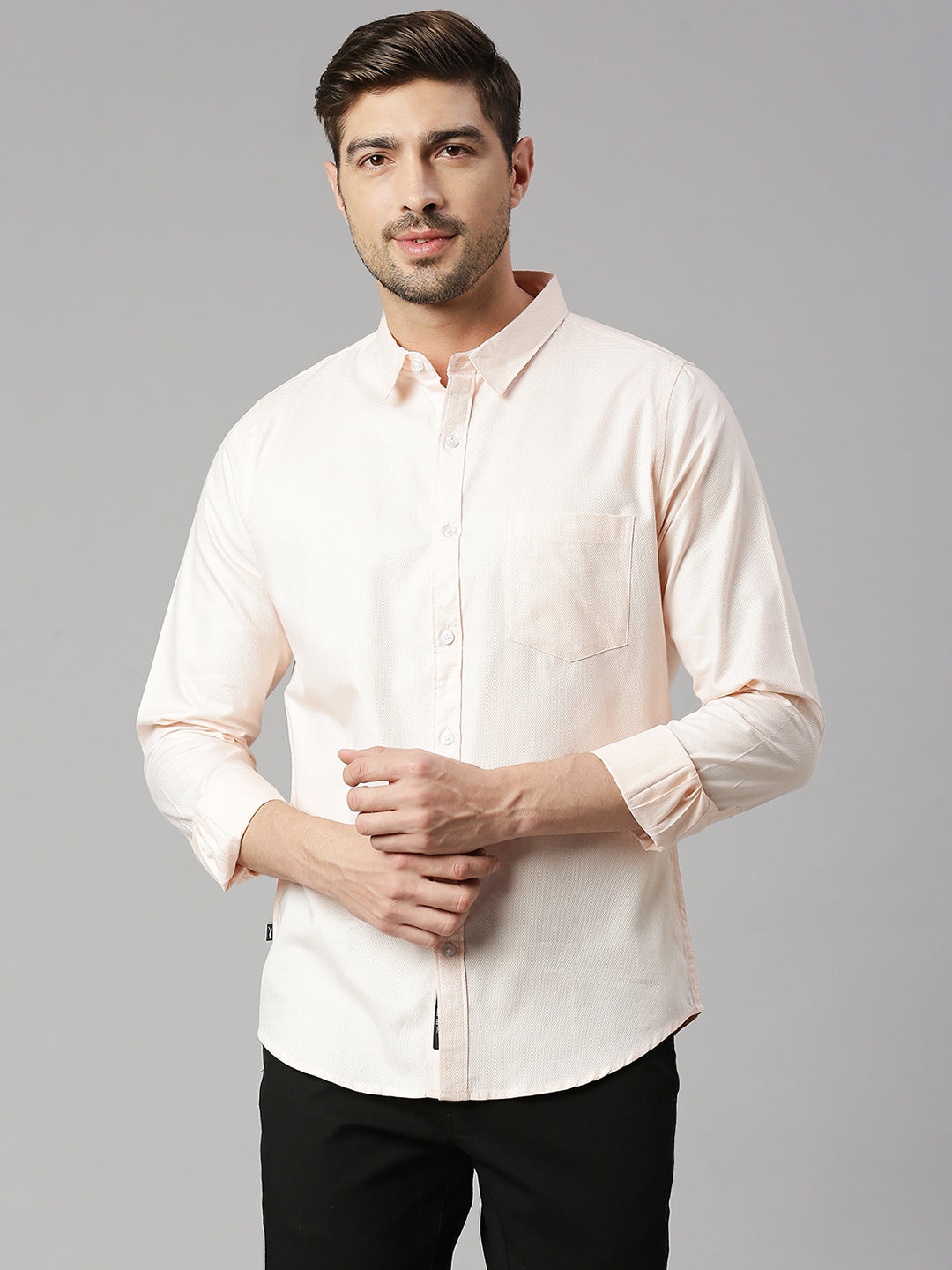 Thomas Scott Men Peach Cricket Club Collection Slim Fit Long Sleeves Spread Collar 100% Cotton Solid Casual Shirt