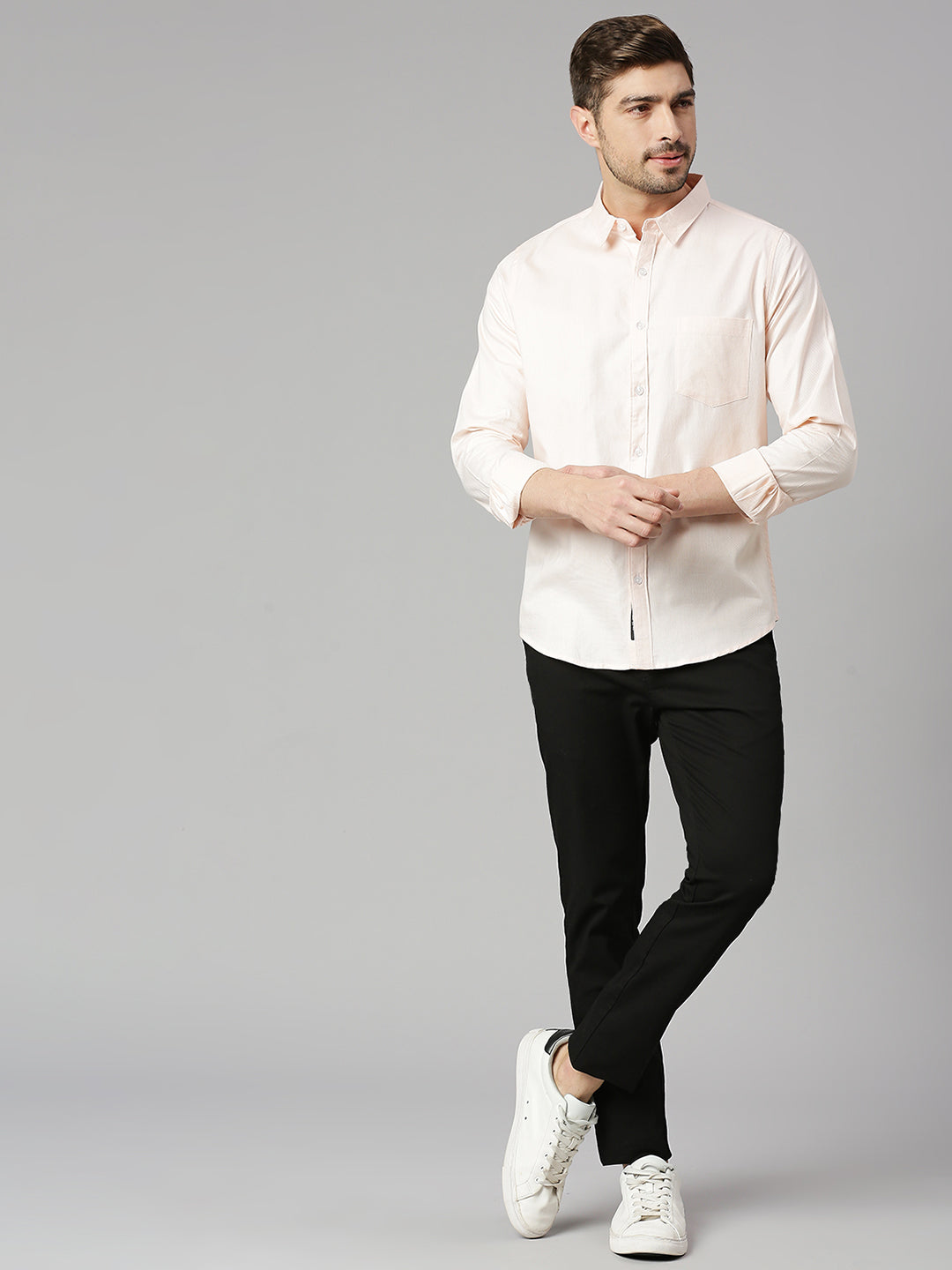 Thomas Scott Men Peach Cricket Club Collection Slim Fit Long Sleeves Spread Collar 100% Cotton Solid Casual Shirt