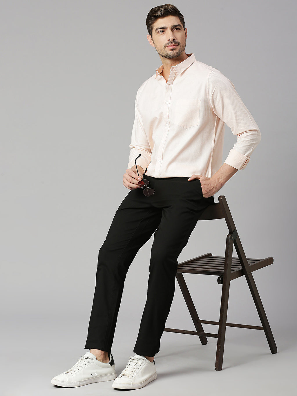 Thomas Scott Men Peach Cricket Club Collection Slim Fit Long Sleeves Spread Collar 100% Cotton Solid Casual Shirt