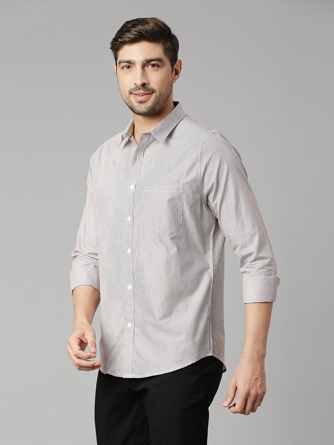 Thomas Scott Men Red Cricket Club Collection Slim Fit Long Sleeves Spread Collar Pinstripes 100% Cotton Casual Shirt