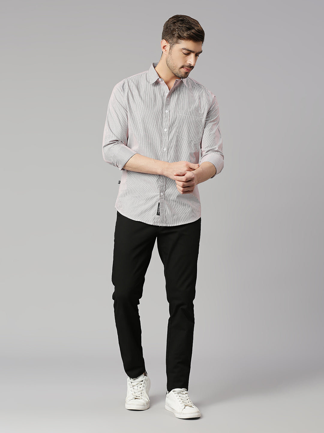 Thomas Scott Men Red Cricket Club Collection Slim Fit Long Sleeves Spread Collar Pinstripes 100% Cotton Casual Shirt