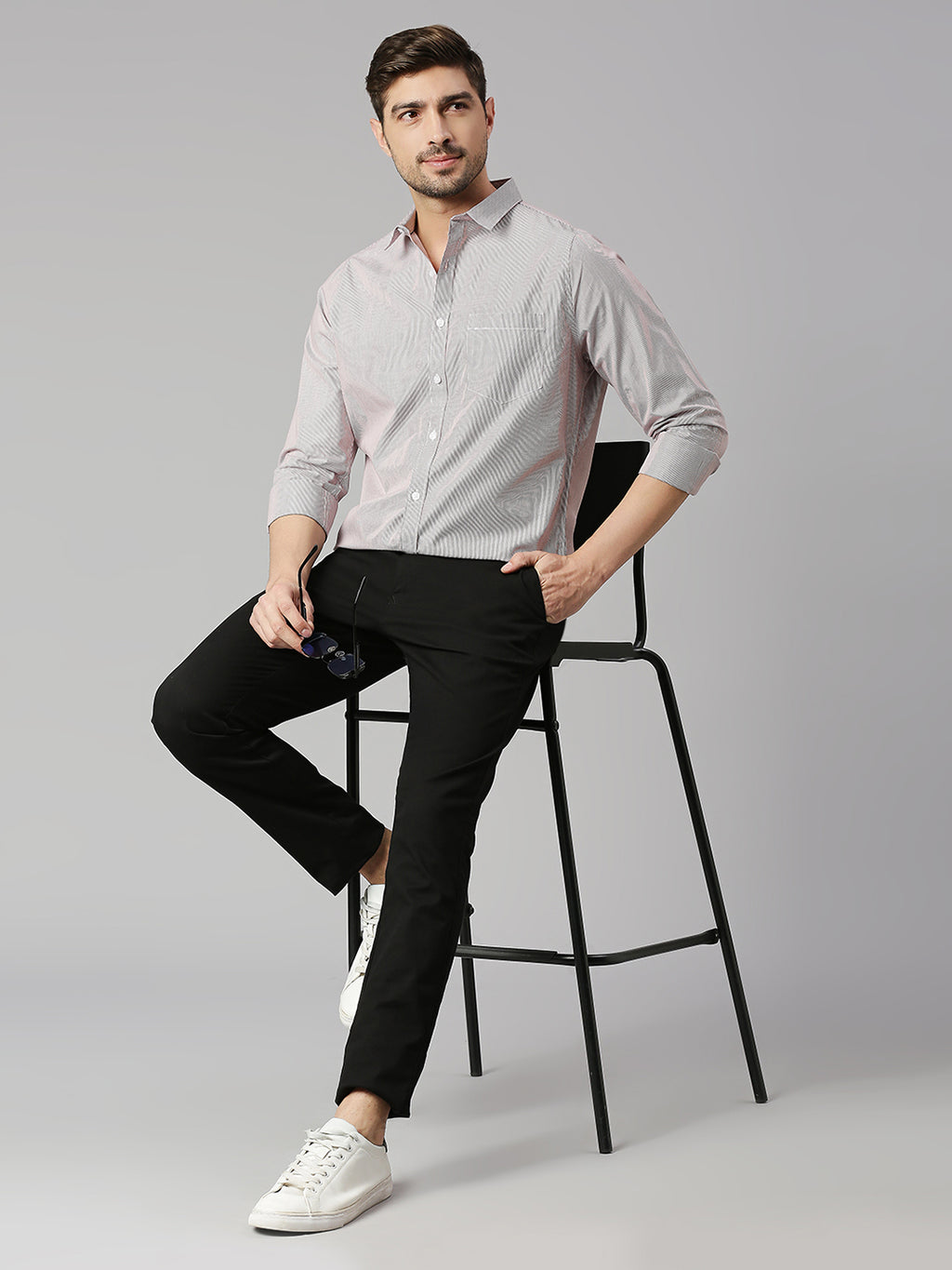 Thomas Scott Men Red Cricket Club Collection Slim Fit Long Sleeves Spread Collar Pinstripes 100% Cotton Casual Shirt