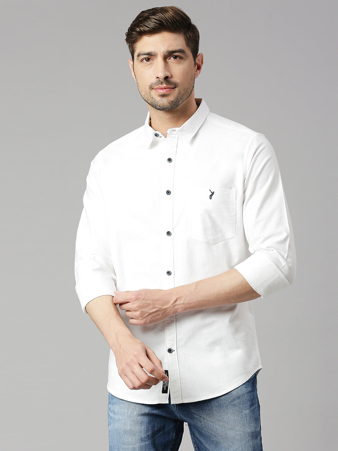 Thomas Scott Men White Cricket Club Slim Fit Long Sleeves Spread Collar 100% Cotton Twill Casual Shirt