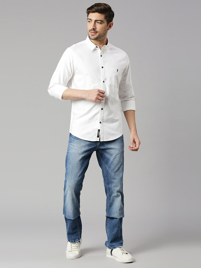 Thomas Scott Men White Cricket Club Slim Fit Long Sleeves Spread Collar 100% Cotton Twill Casual Shirt