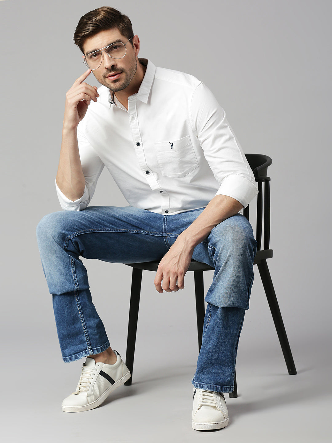 Thomas Scott Men White Cricket Club Slim Fit Long Sleeves Spread Collar 100% Cotton Twill Casual Shirt