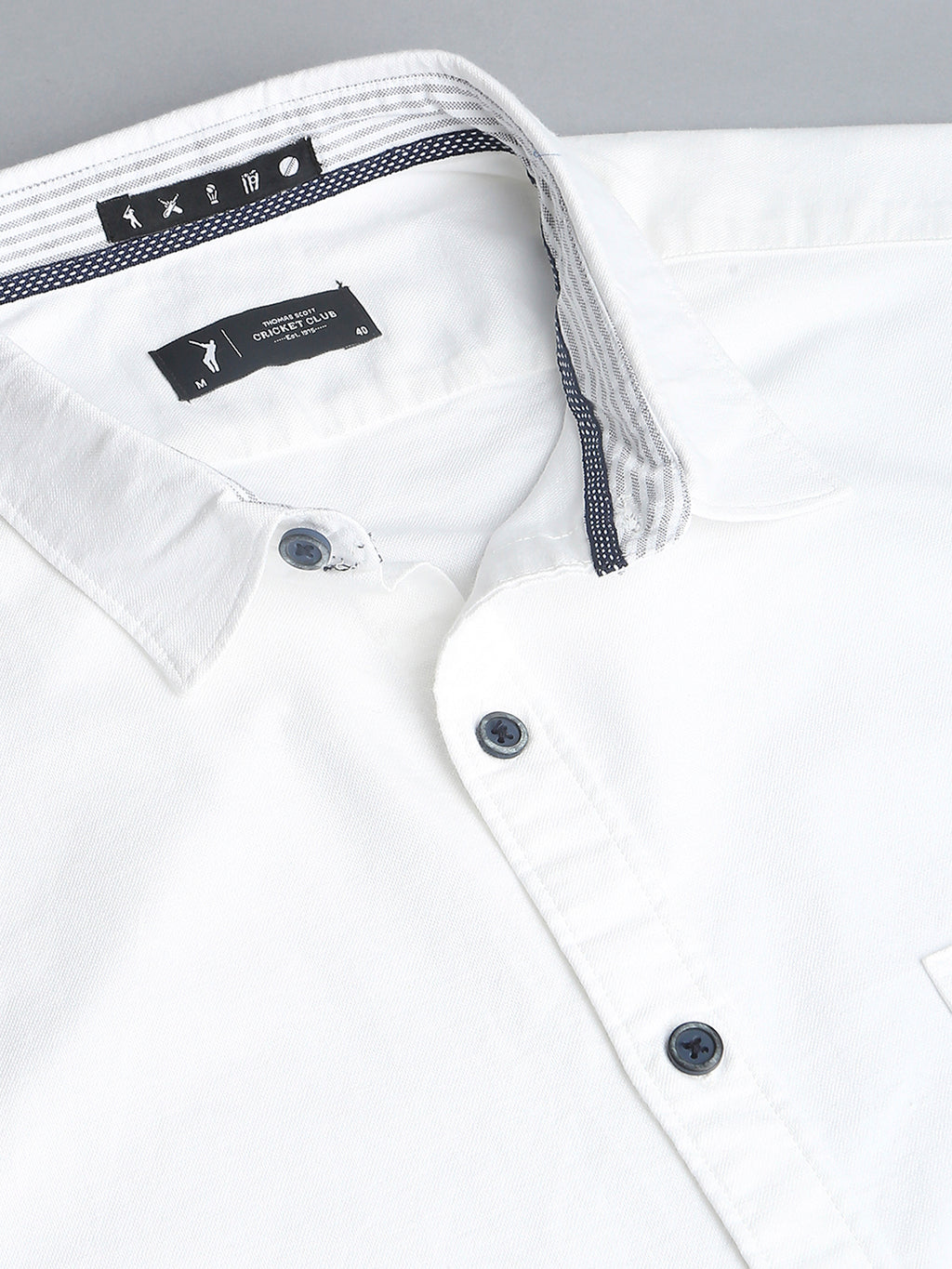 Thomas Scott Men White Cricket Club Slim Fit Long Sleeves Spread Collar 100% Cotton Twill Casual Shirt