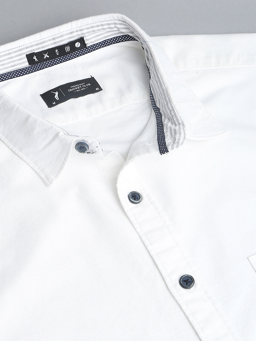 Thomas Scott Men White Cricket Club Slim Fit Long Sleeves Spread Collar 100% Cotton Twill Casual Shirt