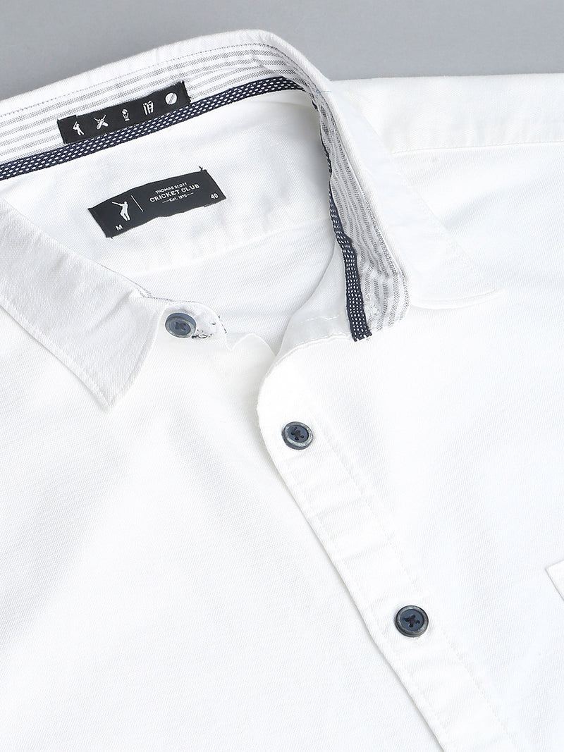 Thomas Scott Men White Cricket Club Slim Fit Long Sleeves Spread Collar 100% Cotton Twill Casual Shirt