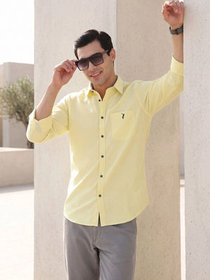 Thomas Scott Men Yellow Premium Slim Fit Long Sleeves Spread Collar Solid Cotton Twill Casual Shirt