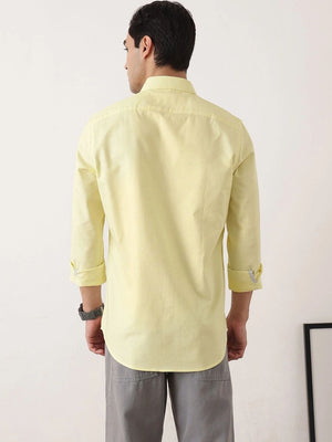 Thomas Scott Men Yellow Premium Slim Fit Long Sleeves Spread Collar Solid Cotton Twill Casual Shirt
