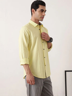 Thomas Scott Men Yellow Premium Slim Fit Long Sleeves Spread Collar Solid Cotton Twill Casual Shirt