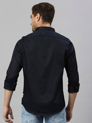Navy Classic Slim Fit Long Sleeves Spread Collar Solid Casual Shirt For Men