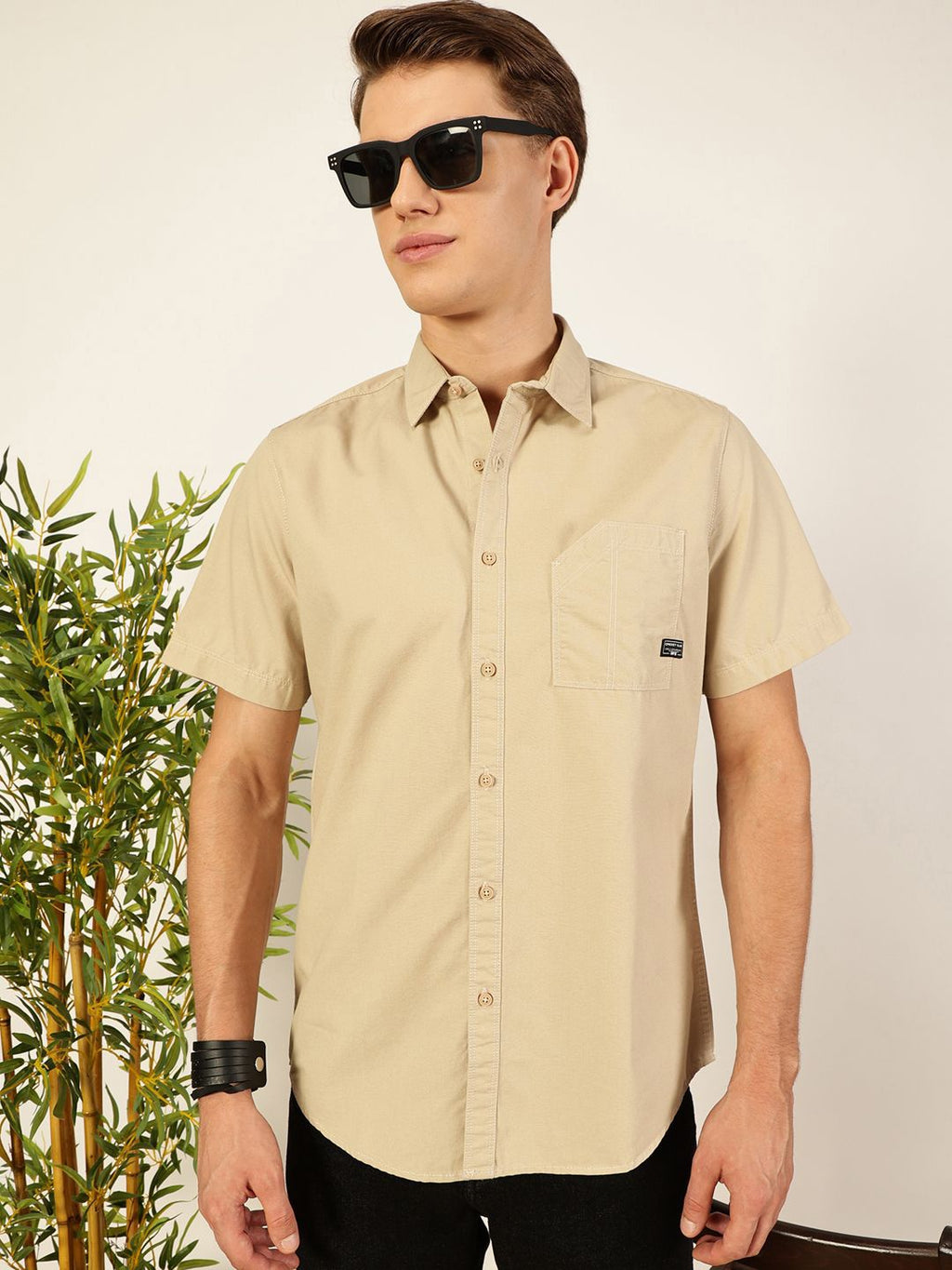 Beige Premium Cutaway Collar Solid Cotton Slim Fit Casual Shirt For Men