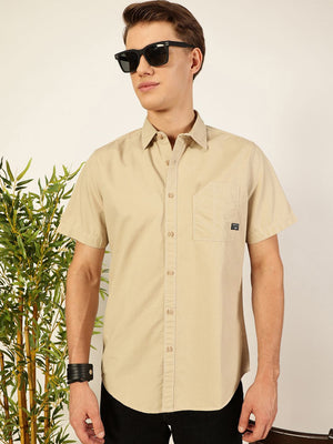Beige Premium Cutaway Collar Solid Cotton Slim Fit Casual Shirt For Men