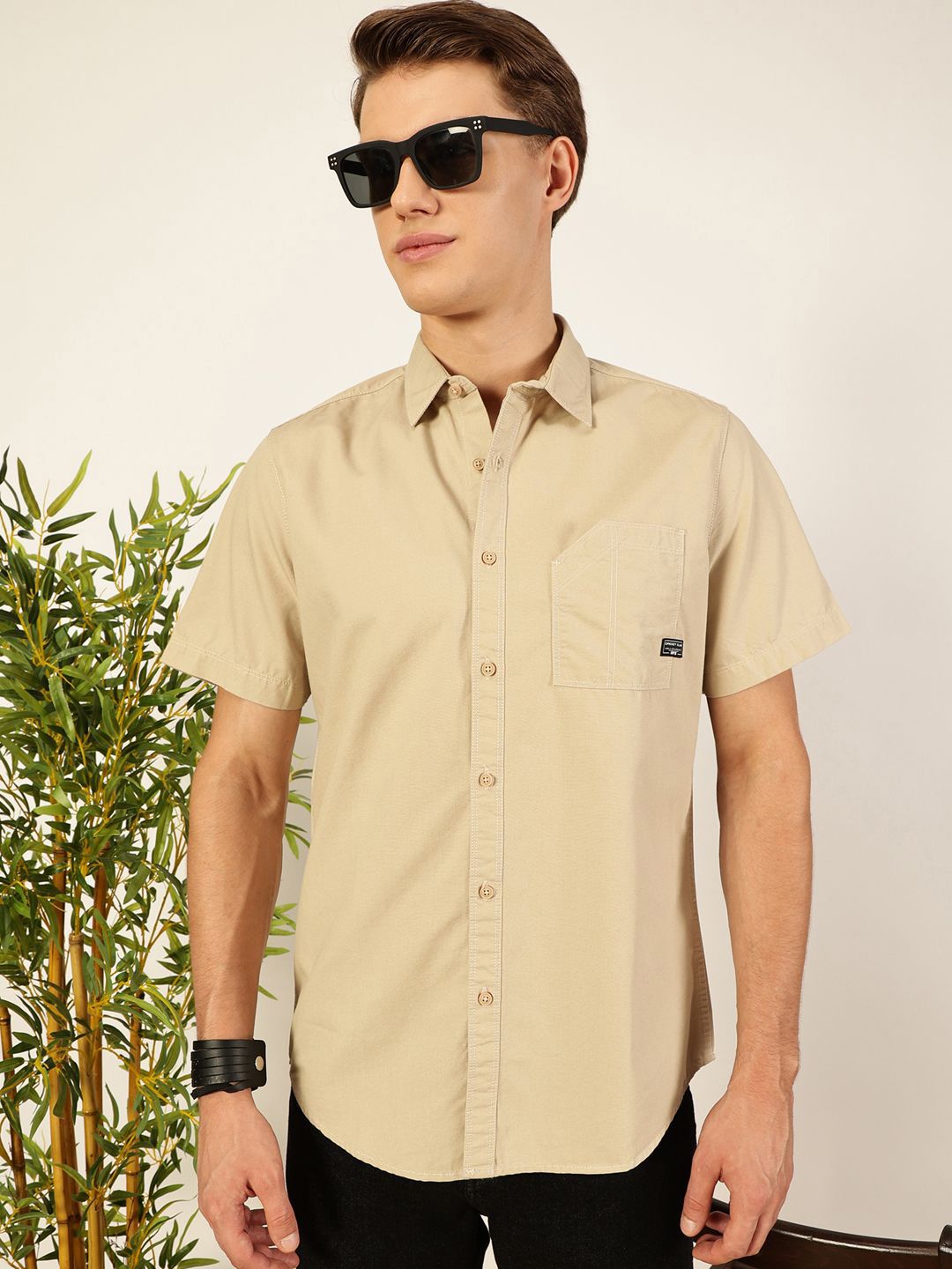Beige Premium Cutaway Collar Solid Cotton Slim Fit Casual Shirt For Men