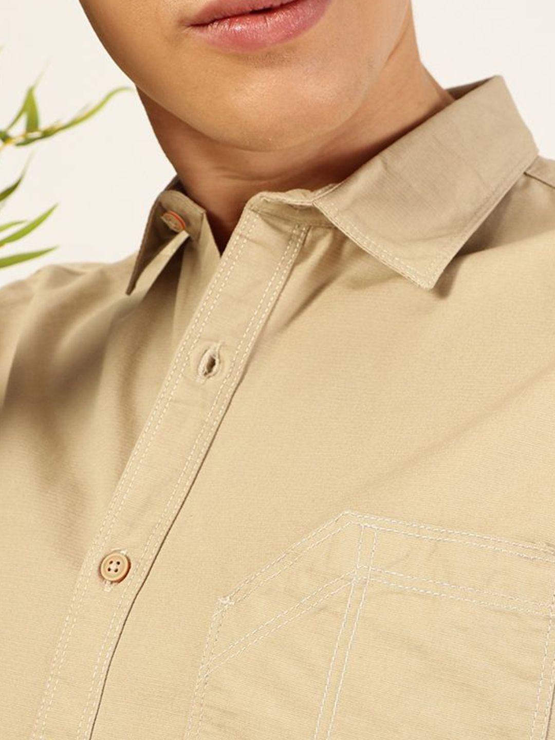 Beige Premium Cutaway Collar Solid Cotton Slim Fit Casual Shirt For Men