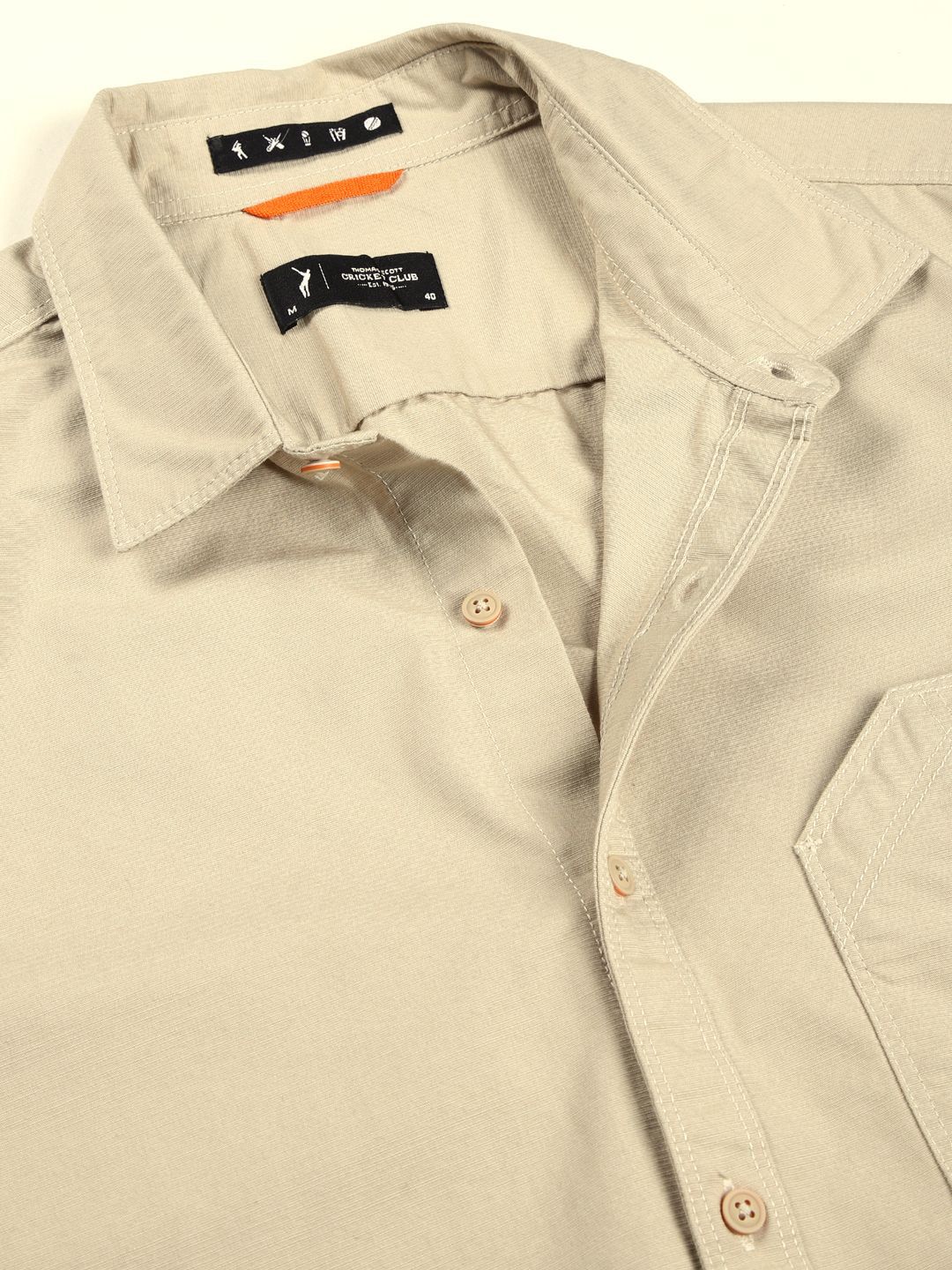 Beige Premium Cutaway Collar Solid Cotton Slim Fit Casual Shirt For Men