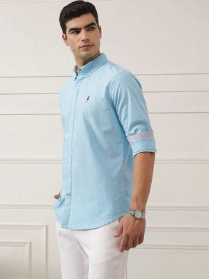 Aqua Premium Regular Fit Button-Down Collar Solid Pure Cotton Casual Shirt For Men