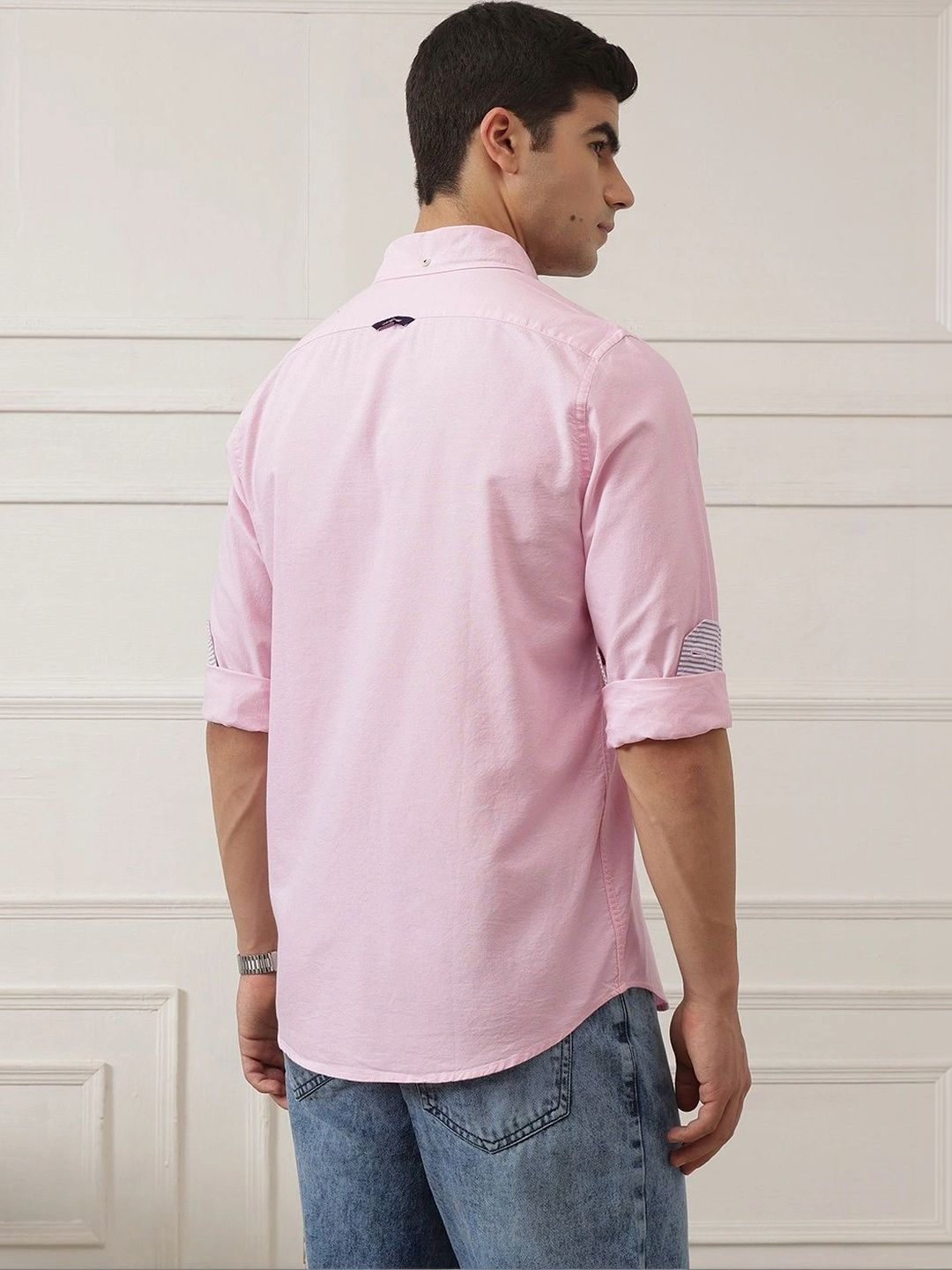 Light Pink Premium Regular Fit Button-Down Collar Solid Pure Cotton Casual Shirt For Men