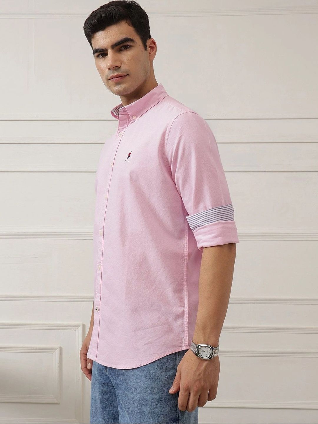 Light Pink Premium Regular Fit Button-Down Collar Solid Pure Cotton Casual Shirt For Men