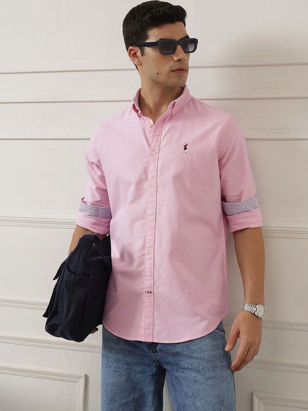 Light Pink Premium Regular Fit Button-Down Collar Solid Pure Cotton Casual Shirt For Men