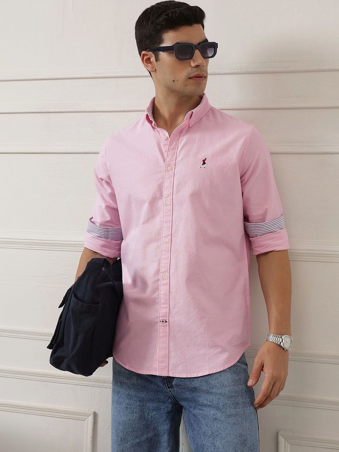 Light Pink Premium Regular Fit Button-Down Collar Solid Pure Cotton Casual Shirt For Men