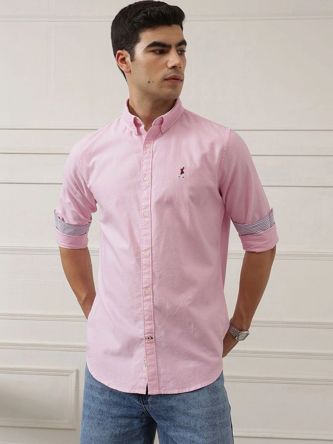 Light Pink Premium Regular Fit Button-Down Collar Solid Pure Cotton Casual Shirt For Men