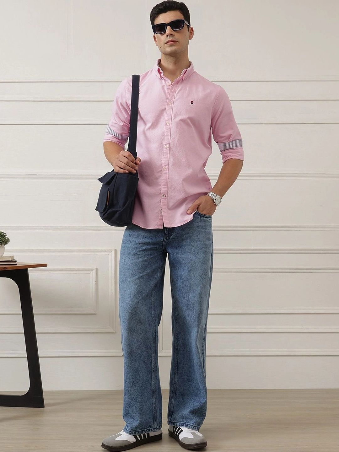 Light Pink Premium Regular Fit Button-Down Collar Solid Pure Cotton Casual Shirt For Men
