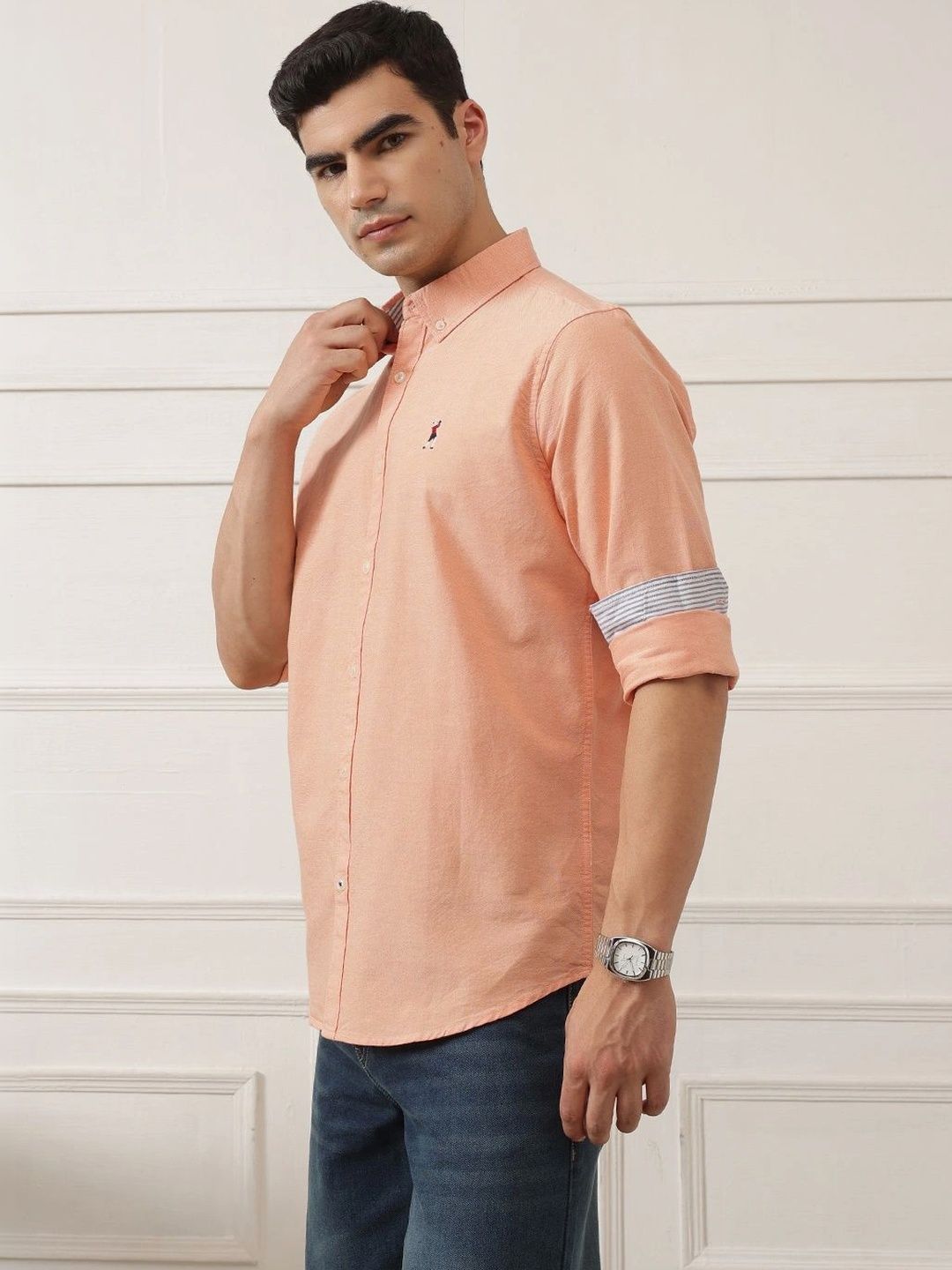 Orange 2 Premium Regular Fit Button-Down Collar Solid Pure Cotton Casual Shirt For Men