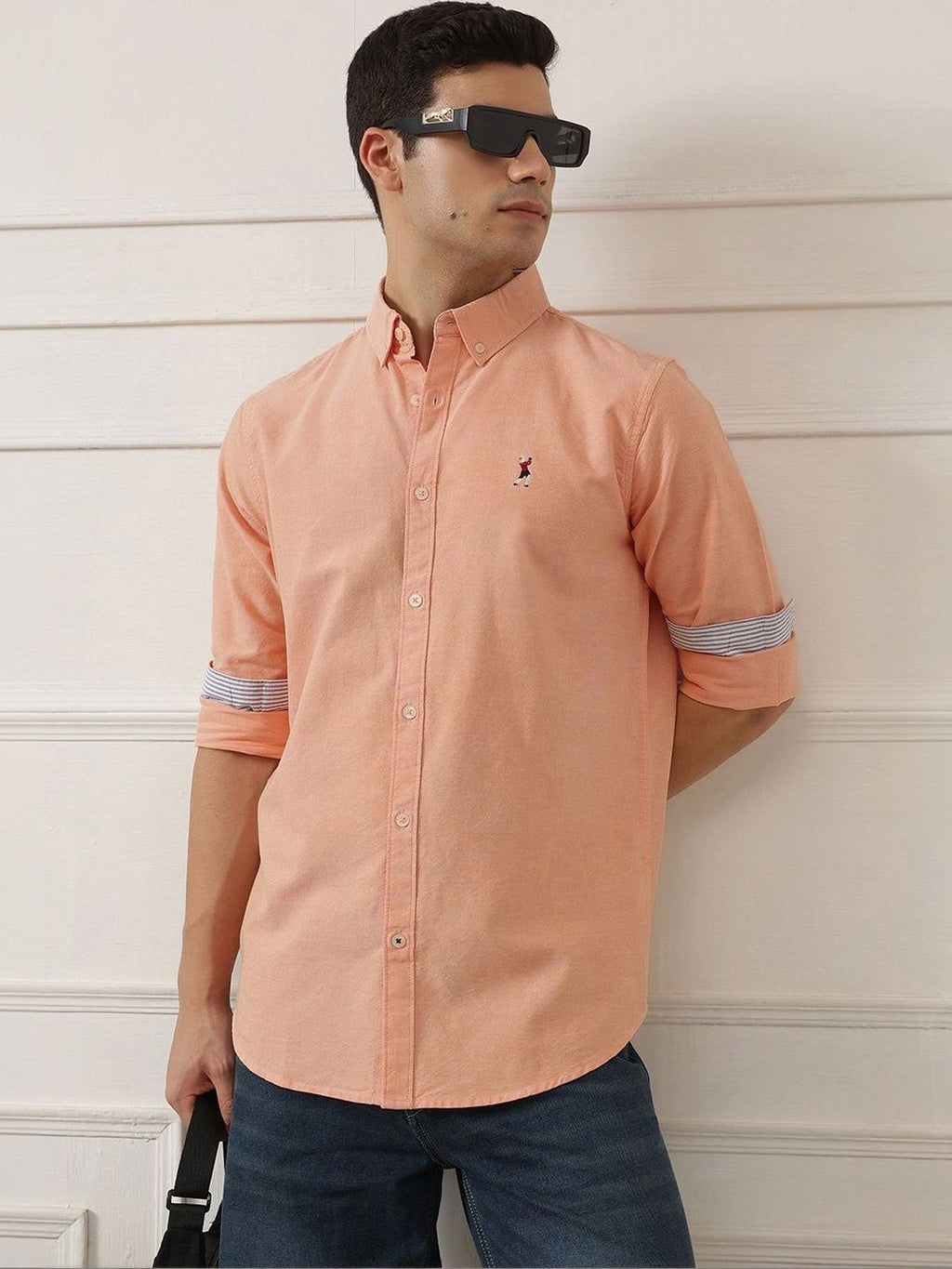 Orange 2 Premium Regular Fit Button-Down Collar Solid Pure Cotton Casual Shirt For Men