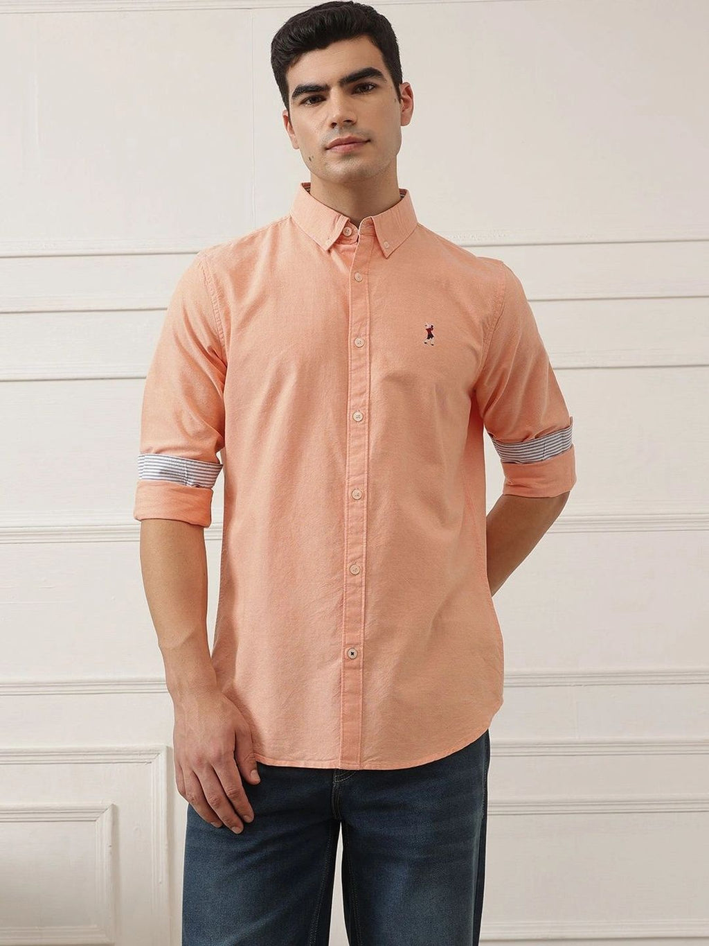 Orange 2 Premium Regular Fit Button-Down Collar Solid Pure Cotton Casual Shirt For Men