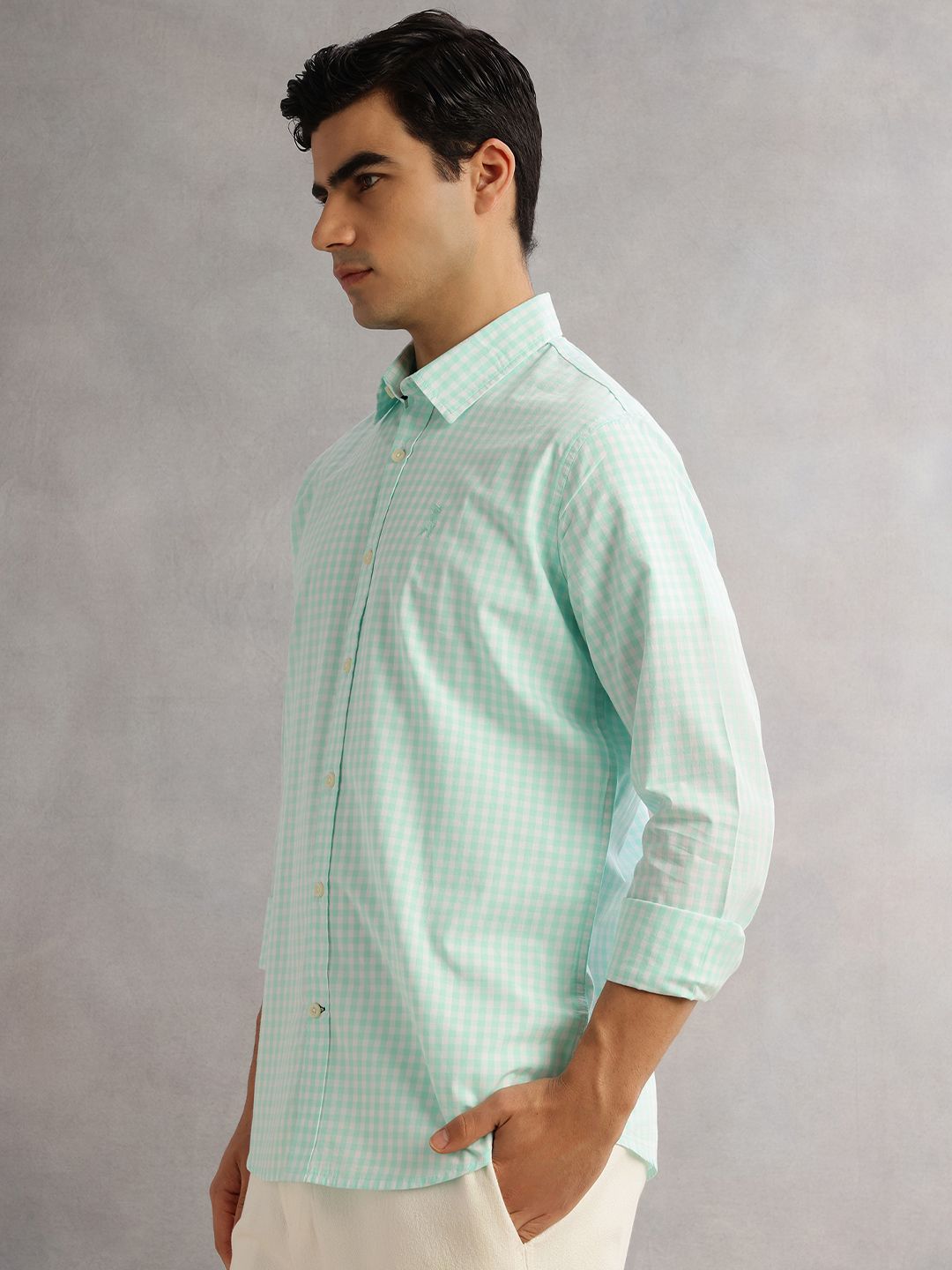 Aqua Cricket Club Slim Fit Long Sleeves Spread Collar Gingham Checks 100% Cotton Casual Shirt For Men