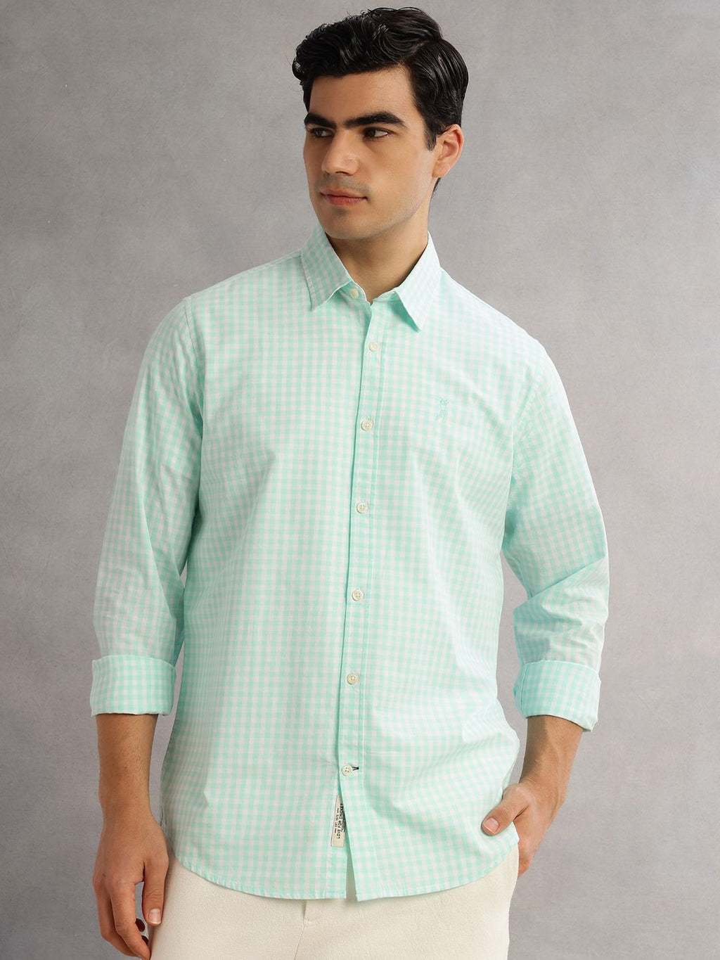 Aqua Cricket Club Slim Fit Long Sleeves Spread Collar Gingham Checks 100% Cotton Casual Shirt For Men