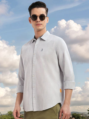 Grey Cricket Club Collection Slim Fit Long Sleeves Spread Collar Pinstripe Cotton Linen Casual Shirt For Men