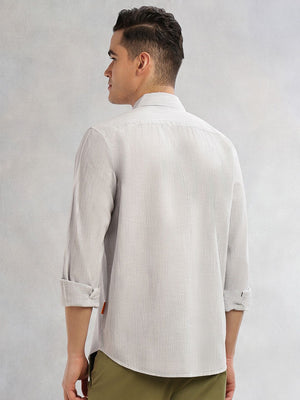 Grey Cricket Club Collection Slim Fit Long Sleeves Spread Collar Pinstripe Cotton Linen Casual Shirt For Men