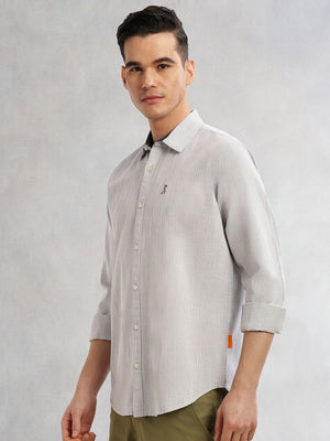 Grey Cricket Club Collection Slim Fit Long Sleeves Spread Collar Pinstripe Cotton Linen Casual Shirt For Men