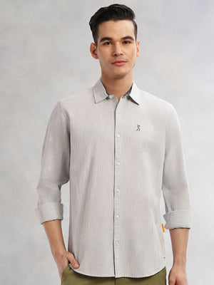 Grey Cricket Club Collection Slim Fit Long Sleeves Spread Collar Pinstripe Cotton Linen Casual Shirt For Men